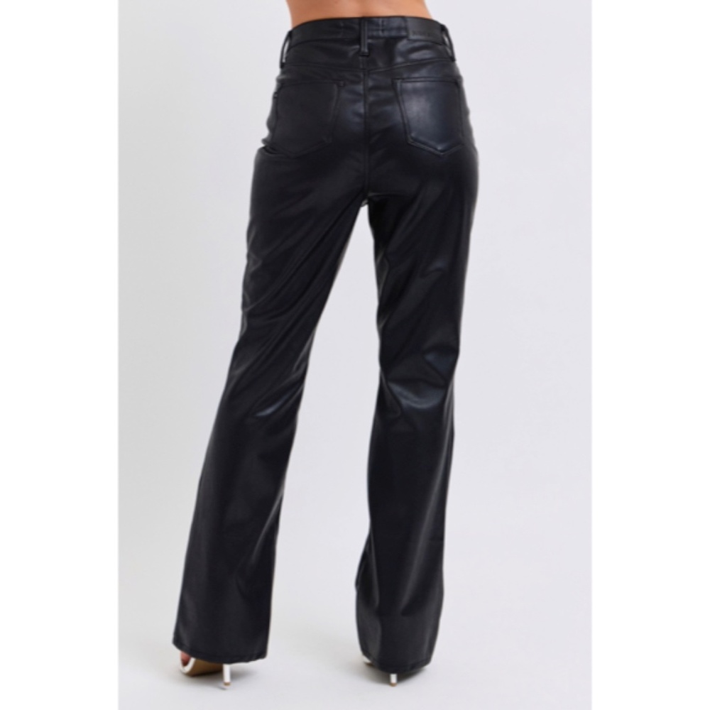 JUDY BLUE New Black High Waist Tummy Control Faux Leather Bootcut Pants - Picture 4 of 5